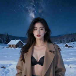 face portrait of a beautiful girl in a open coat, with decollete and bra, close portrait, snow - covered small house in a background, night, stars in the sky, the milky way in the sky, winter landscape, painting by craig mullins, octane rendering, wide angle lens, in the style of hayao miyazaki, trending on artstation,