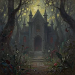 infernal court garden in the hell. gouache fairytale art, russian romanticism, muted palette, backlighting, depth of field, bokeh.