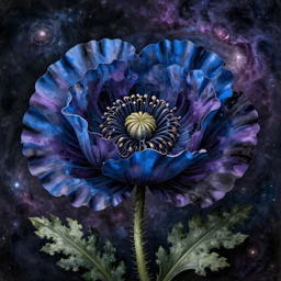intricate beautiful blue, black and purple papaver flower, nebula in the sky, 1 7 th century, matte painting, renaissance painting
