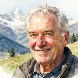 closeup portrait of a smiling friendly elderly man, in the Swiss Alps, mountains in background, by Artgerm, by Albert Edelfelt, watercolor