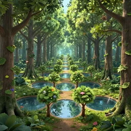 immaculate forest with trees spaced at equidistant intervals between circular pools of water on the ground, with light flitering through the trees by pixar and amanda clarke, fairytale, magic realism, dynamic camera angle, deep 3 point perspective.