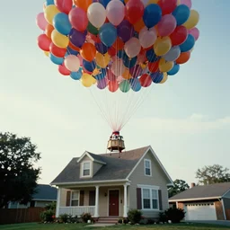 house being lifted up into the sky by hundreds of multi - color balloons, film grain, early 2 0 0 0 s point and shoot camera photo