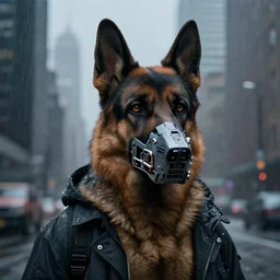 new york city portrait of furry anthro anthropomorphic german shepard head animal person fursona wearing clothes strange cybernetic muzzle gloomy rainy cyberpunk digital art by Greg Rutkowski, Simon Stalenhag, trending on Artstation, CGSociety