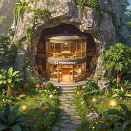 roughly cylindrical overwatch headquarters carved inside a mountain surrounding a lush garden, trimmed, magical, natural light, fantasy, sharp focus, concept art, by greg rutkowski and craig mullins, cozy atmospheric