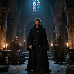 jesse eisenberg as an enigmatic medieval christian ( ( monk ) ) in a dark underground city. dark shadows, colorful, candle light, law contrasts, ( ( dim light ) ) ) fantasy concept art by jakub rozalski, jan matejko, and j. dickenson