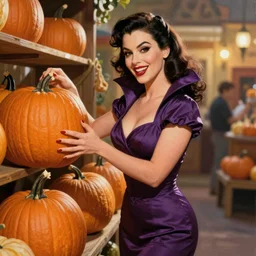 a beautiful pinup vampire shopping for pumpkins, retro vintage pulp art movie poster,