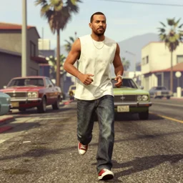 Carl Johnson running down a street, Grand Theft Auto San Andreas