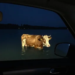 a cow floating at night, pov inside a car