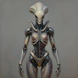 perfectly centered portrait, front view of a beautiful biomechanical android alien robot xenomorph, symmetrical, concept art, intricate detail, volumetric shadows and lighting, realistic oil painting by tim hildebrandt,