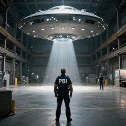 an fbi agent looking at a ufo inside a giant warehouse, beksinski, wayne barlowe, very coherent symmetrical artwork, cinematic, hyper realism, high detail, octane render, 8 k