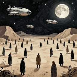 a illustration of market desert with people wearing cloaks, spaceships flying over the sky, moonlight and stars, intrincate, by moebius, jean giraud & kilian eng h 1 0 2 4