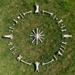 [ overhead view of a ritual circle ]! made of [ bones ]! on a [ grass field ]!!, 4 k photorealistic!! art style, award winning, [ 4 k ], centered!, golden ratio!, [ symmetrical ]!!