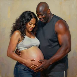 shaquille o'neil pregnant, shaquille o'neil holding his pregnant stomach, shaquile o'neil pregnant, shaquille o'neil embracing judge judy, judge judy, oil on canvas, trending on artstation, digital art