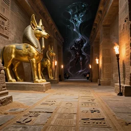 long pass, carved sand stone floor, walls with egyptic symbols, giantic golden scarabee, darkness, torch light, fantasy art, evil fluid, creepy, by greg rutkowski