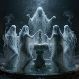 the ghosts of the past, present and the future dancing around the fountain of youth and wisdom translucent transparent smoke photorealistic creepy dark foreboding unearthly ghoulish