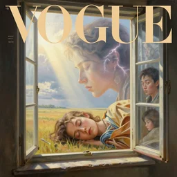 3 d, sci - fi, morning, old window, sleepy fashion model face, sun rays, large open field, lightning clouds, vogue cover style, bright mood, cinematic, realistic painting, intricate oil painting, high detail, figurative art, multiple exposure, poster art, 3 d, by stanley kubrick and tooth wu and wlop and beeple and greg rutkowski