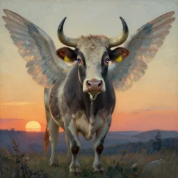 fairy cow with wings and magical eyes! sunset by gerald brom, by mikhail vrubel, by peter elson, muted colors, extreme detail, trending on artstation, 8 k