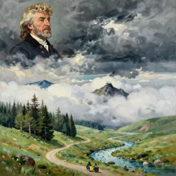 painting by sargent and leyendecker and greg hildebrandt savrasov levitan polenov, studio ghibly style mononoke, middle earth above the layered low clouds road between forests trees river lakes stones alpes mongolia faroe azores overcast storm masterpiece