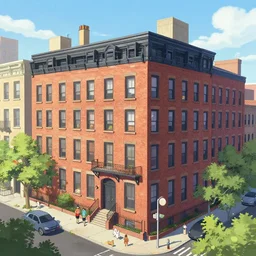 cutaway view of a west village nyc walkup building with people and pets in style of anime, illustration trending on artstation