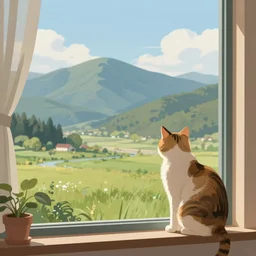 a beautiful landscape including mountains and plains through a window, cat sitting on the edge of the window, illustration, digital art, trending on artstation, no signature