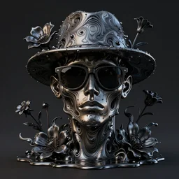 a head made out of melting metal, dark palette, it is wearing sunglasses and a hat, there are flowers all around it, vogue cover style, demonic style, smooth fractal style, ethereal fantasy style, 3 d perfect render style, horror style, acrylic pour style