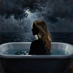 silhouette of Elle Fanning submerged in a tub, stormy weather, extremely detailed masterpiece, oil on canvas, low-key neon lighting, artstation, Blade Runner 2049, Roger Deakin’s cinematography, by J. C. Leyendecker and Peter Paul Rubens,