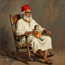 a painting of an old indian man with a red hat, beard, and glasses sitting on a rocking chair holding a doll