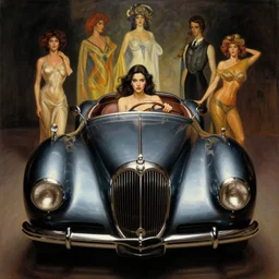 3 d fisheye, very low angle, wide angle, painting showing olivia munn driving exaggerated 1 9 3 0 s car with woman driving, shiny, aerodynamic, dramatic lighting, sultry, sensual, vargas, studio muti, greg rutkowski, manara, mucha, moebius, elvgren, joshua middleton, clay mann, wlop, loish