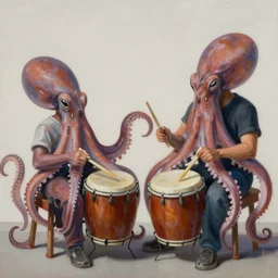 a beautiful painting by gerald brom of a couple of octopus playing drums and telecaster guitar in an electronic concert, black background, concert light, dark mood, warm lights
