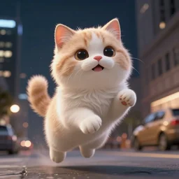 hyper detailed concept art of choonky cute flooffy cat jumping, background the city at night sharp cinematic lighting 8k low angle shallow depth of field