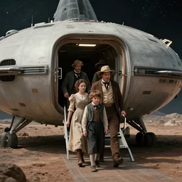 sharp, film still from a sci fi blockbuster movie made in 2022, set in 1860, of a family leaving a spaceship, that has just landed on an alien planet, wearing 1850s era clothes, good lighting, 4k, HD, in focus