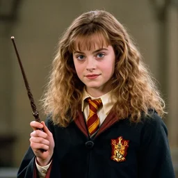 portrait of emily compagno as hermione in the movie harry potter holding a wizard wand, by charlotte grimm, natural light, detailed face, canon eos c 3 0 0, ƒ 1. 8, 3 5 mm, 8 k, medium - format print, half body shot