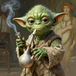 yoda smoking a bong. highly detailed, digital painting, artstation, concept art, smooth, sharp focus, illustration, art by krenz cushart and artem demura and alphonse mucha