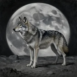 surrealist landscape painting of bipedal wolves on the moon