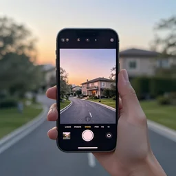 Beautiful cameraphone, soft liminal Photograph of an estate road, early morning, small apartment