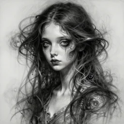 charcoal painting of a girl, distorted, abstract, creepy, intricate, elegant, highly detailed, ray tracing, digital painting, artstation, concept art, smooth, sharp focus, illustration, art by artgerm and greg rutkowski and alphonse mucha, 8 k