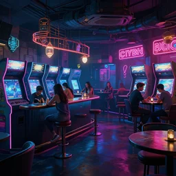 concept art of cyberpunk bar environment with arcades : 8 k, hdr, studio, matte painting, environment, digital illustration, style cyberpunk 2 0 7 7, artstation, by marcin stepien, by mihai muscan, by marta leydy, by charlotte hughes, by zuzanna dabrowa, neon bioluminescence, highly detailed
