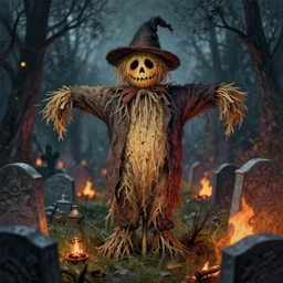 a bokeh photo of a spooky scarecrow surrounded by cemetery fire, documentary film, an ultrafine detailed painting by james jean, cgsociety, figurative art, detailed painting, dystopian art, high detail greg rutkowski and andreas rocha, tristan eaton, victo ngai, artgerm, rhads, ross draws