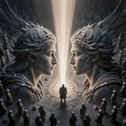 aerial view of an angel of light surrounded by an army of darkness, fantasy character portrait made of fractals facing each other, ultra realistic, wide angle, intricate details, the fifth element artifacts, highly detailed by peter mohrbacher, hajime sorayama, wayne barlowe, boris vallejo, aaron horkey, gaston bussiere, craig mullins