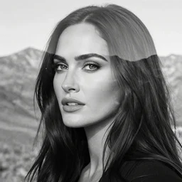 double - exposure effect of megan fox face as beautiful mountains, in the style of dan mountford, amazing detail, black and white