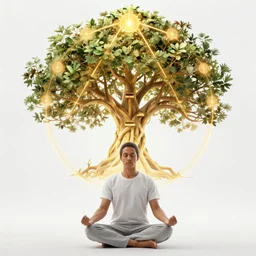 a spiritual guide meditating beneath the tree of life, golden ratio, glowing sacred geometry, spirit, radiant, vibrant colors, cinematic, hyper realism, high detail, octane render, 8k