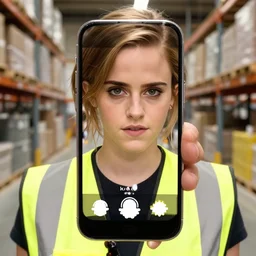 photo, close up, emma watson in a hi vis vest, in warehouse, android cameraphone, snapchat story, 2 6 mm,