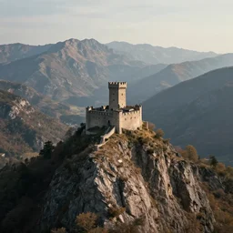 small early medieval castle the top of a rough, steep mountain with great view on other mountains, epic, no trees, no foliage, realistic light, epic, fantasy, digital art