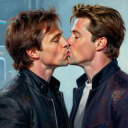 : aesthetic portrait commission of badass ZACHARY QUINTO SPOCK kissing CHRIS PINE KIRK + FUTURISTIC + HYPERDETAILED + 2022 award winning painting + character design by charlie bowater + Ross tran + artgerm + makoto shinkai + UPSCALED