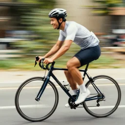 A man riding a bicycle action shot, subject is smiling, matte painting
