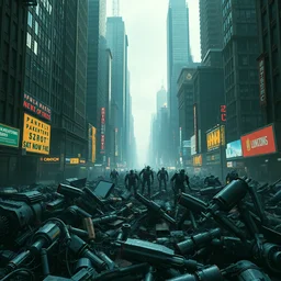 post apocalyptic scene in new york city, scattered scrap robots, chaos, extreme detail, alejandro burdiso style art, enaissance, dynamic lighting, bright light, cinematic, vibrant, clean, ultra detailed, sharp, digital detailed environment, octane render, cgsociety, 8 k hdr, artstation