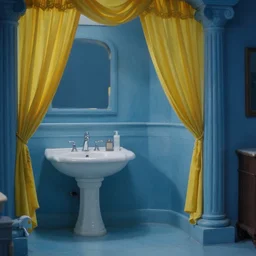 movie still of a blue ancient bathroom with yellow drapery with columns next to a lake, cinestill 8 0 0 t 3 5 mm, heavy grain, high quality, high detail