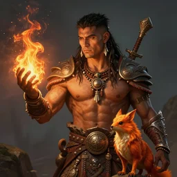 HDR, realistic, high depth of field portrait of muscular latino short-haired sun cleric druid shaman with firefox pet, flame conjuring, strong, benevolent, healing, friendly, intelligent, armored, highly detailed, intricate image by Andrei Riabovitchev, Shaun Tan and Peter Mohrbacher, matte painting