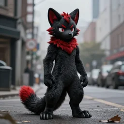 red sona, stoat | urbanscene photorealism | coalpunk masculine fursona black