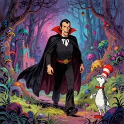 Dracula traveling through a beautiful psychedelic world, horror, illustrated by Greg Rutkowski and dr seuss, masterpiece, vivid colors, trending on artstation